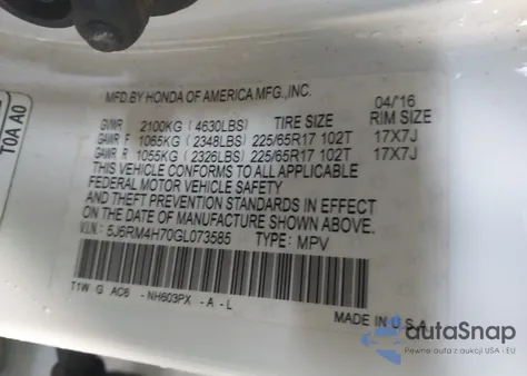 2016 Honda Cr-V Ex-L from USA, damaged, VIN 5J6RM4H70GL073585